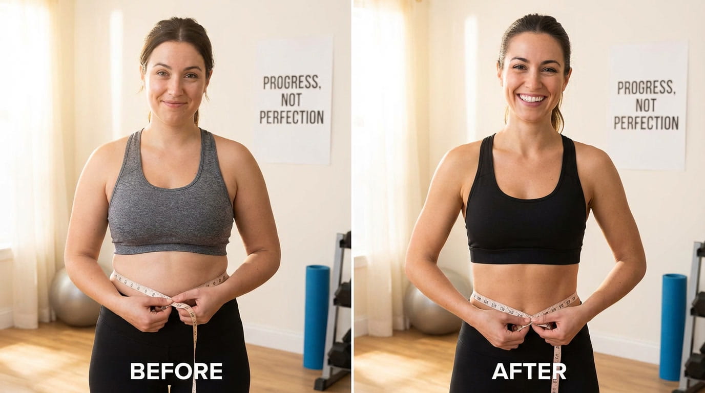 Woman measuring waist with tape measure showing successful weight loss results with GLP-1
