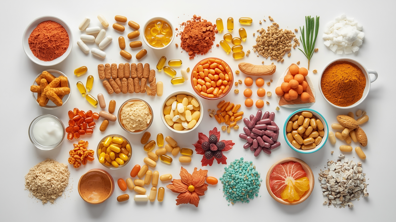 Colorful array of vitamins and supplements, including capsules, tablets, and minerals, organized on white background