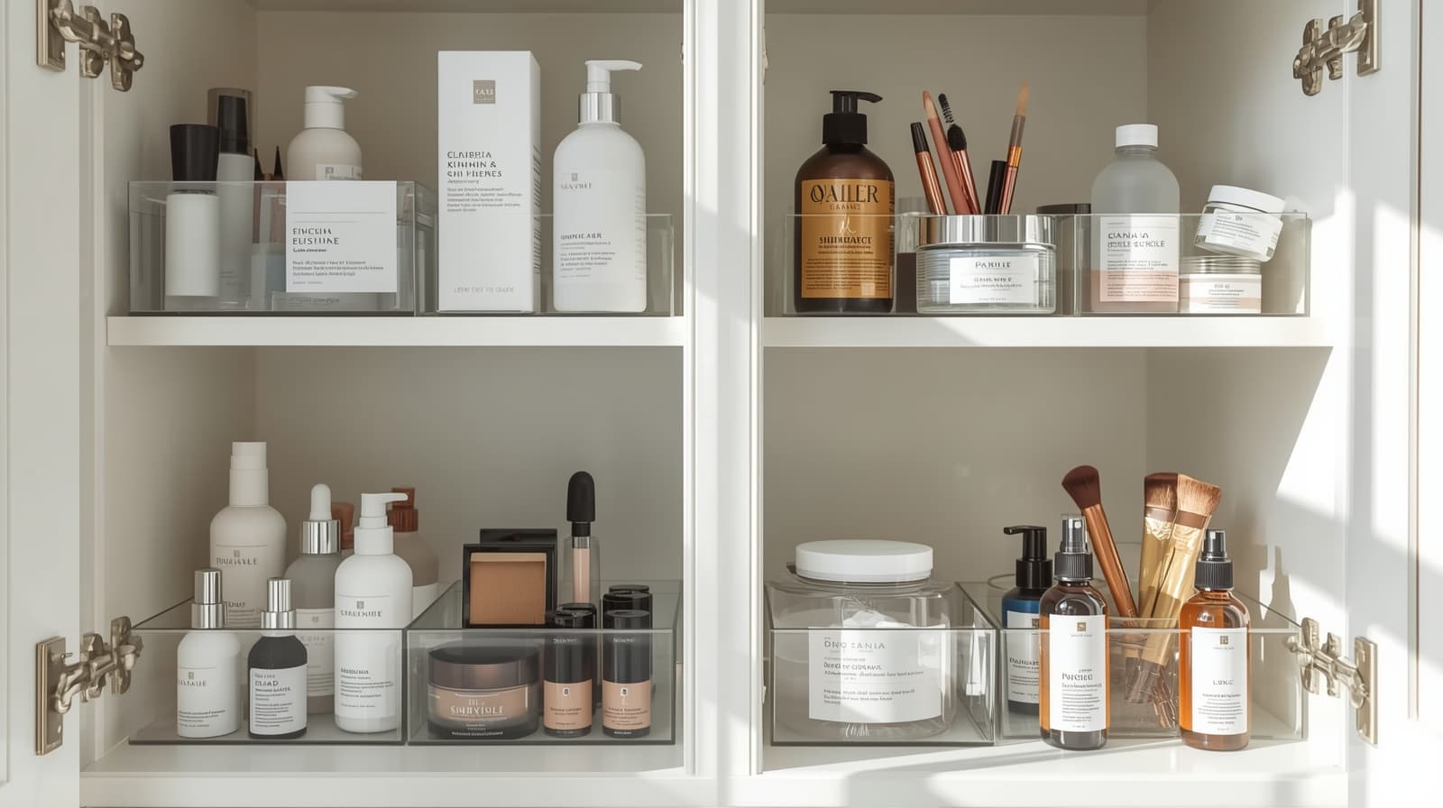 Organized beauty cabinet with skincare products, makeup, and haircare items neatly arranged, spring cleaning, and organization