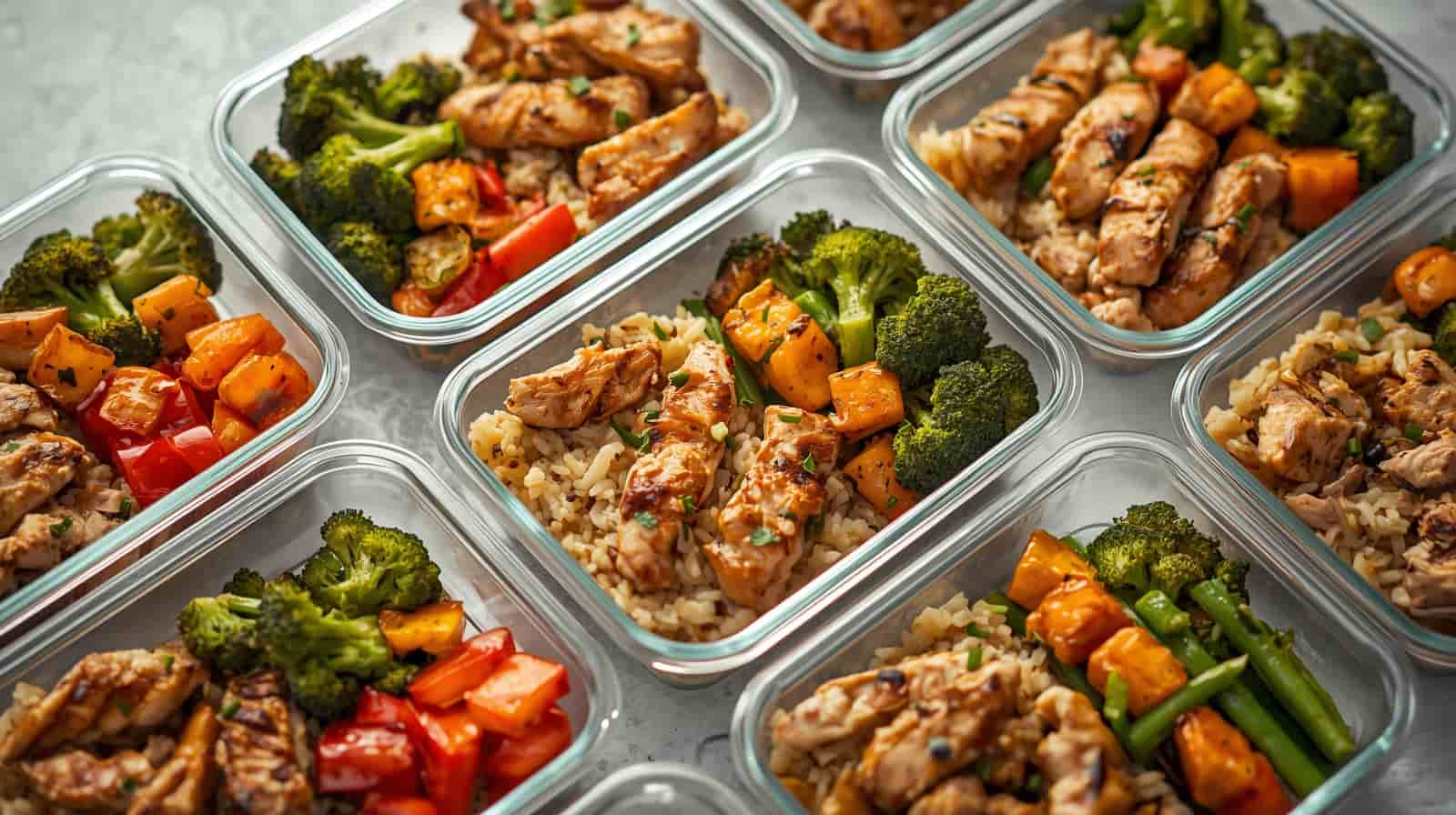 Meal prep containers with balanced meals including grilled chicken, brown rice, and roasted vegetables for weight loss at Valley Medical Weight Loss