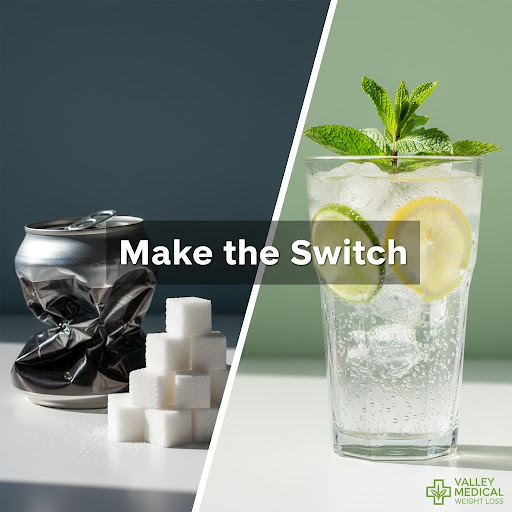 A soda can with sugar cubes showing 10 teaspoons versus refreshing sparkling water with citrus for healthy weight loss