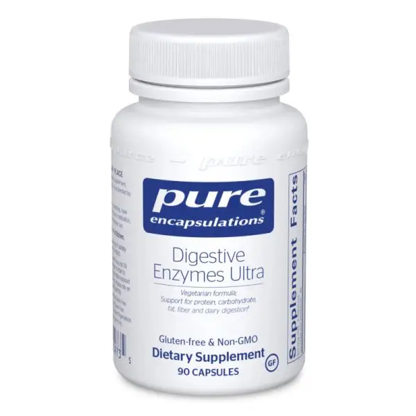 Bottle of Pure Encapsulations Digestive Enzymes Ultra dietary supplement, white with blue label, 90 capsules, gluten-free & non-GMO