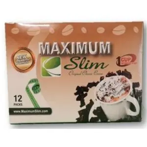 Box of Maximum Slim Original Cream Cookies, 12 packs, shown with a cup of chocolate dessert on a peach background.