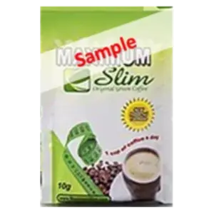 Maximum-Slim-Original-Green-Coffee_Sample-600x600 - Valley Medical Weight Loss & Med Spa Package for Sample Slim Original weight‑loss product, green/white bag with measuring tape graphic and a cup of coffee on the front, with a red SAMPLE watermark across it.