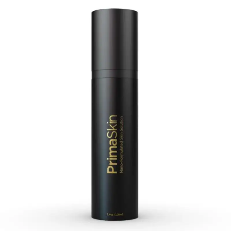 Black cylindrical bottle with gold 'PrimaSkin' branding, nano-formulated skin solution, 100 ml