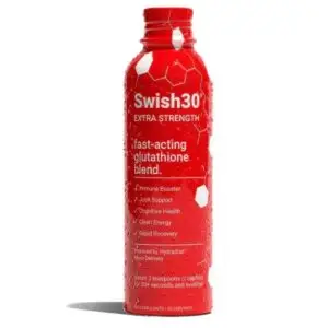 Red Swish30 extra-strength glutathione supplement bottle on a white background.