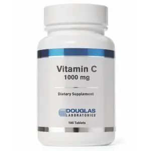 Vitamin-C-1000mg-600x600 - Valley Medical Weight Loss & Med Spa Bottle of Vitamin C 1000 mg dietary supplement by Douglas Laboratories, white bottle with blue accents and label text visible: Vitamin C, 1000 mg, 100 tablets.