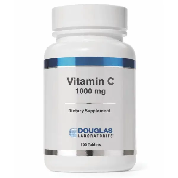 Bottle of Vitamin C 1000 mg dietary supplement by Douglas Laboratories, white bottle with blue accents and label text visible: Vitamin C, 1000 mg, 100 tablets.