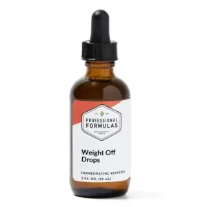 Brown glass dropper bottle labeled Weight Off Drops, a homeopathic remedy by Professional Formulas on a white background from the front.