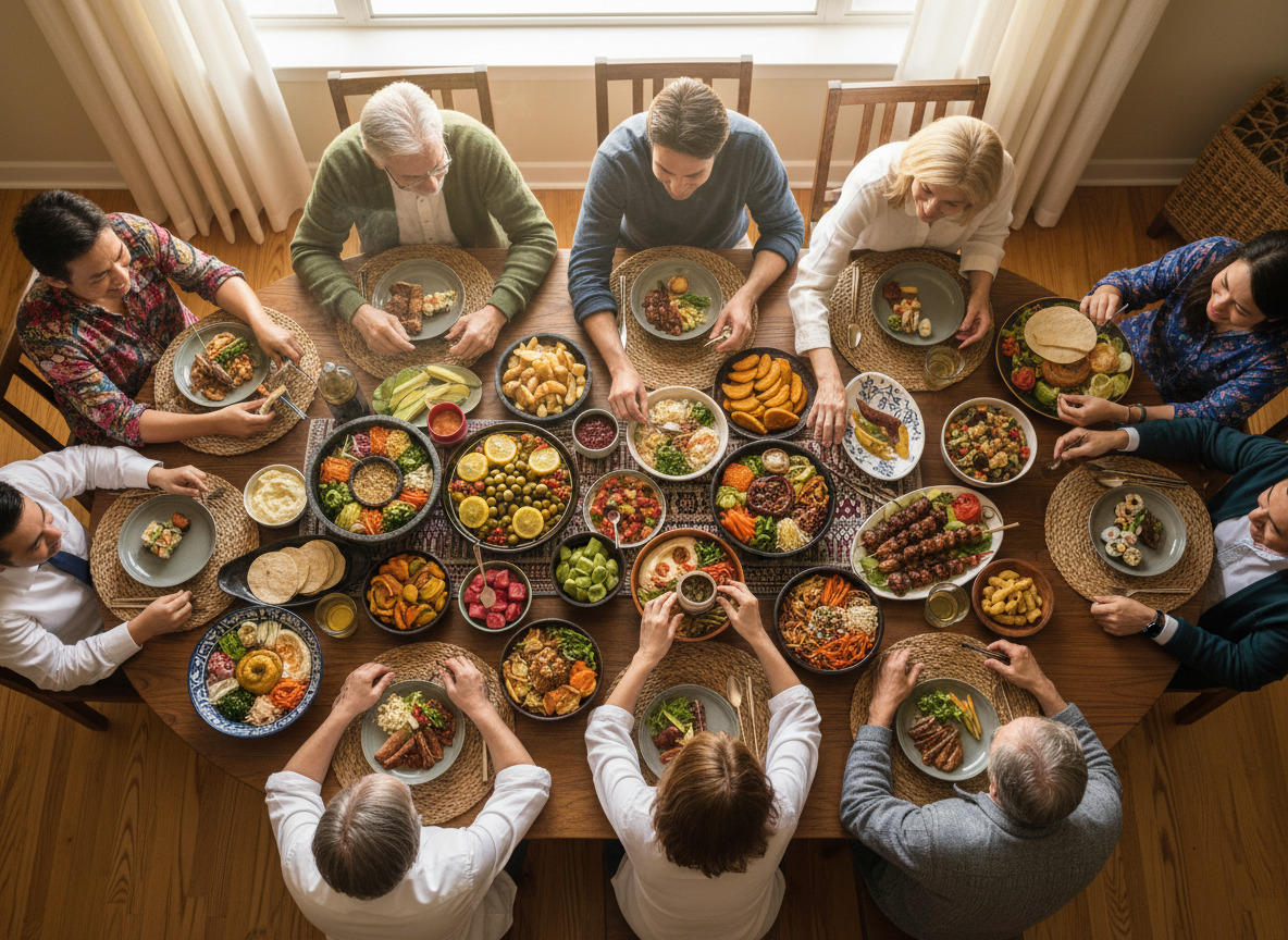 Diverse multigenerational family sharing traditional cultural meal with healthy foods at Valley Medical Weight Loss