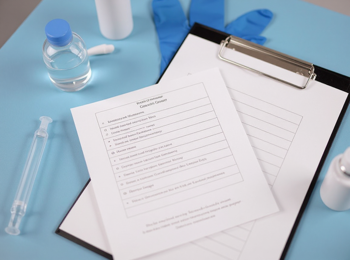 Pre-treatment and aftercare checklist on a clipboard in a medical clinic