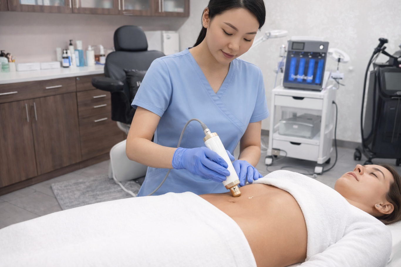 A medical professional performing a non-invasive body contouring treatment on a patient’s abdomen in a modern clinic. - Valley Medical Weight Loss & Med Spa - Valley Medical Weight Loss & Med Spa Clinician reviewing body contouring options after weight loss during a consultation