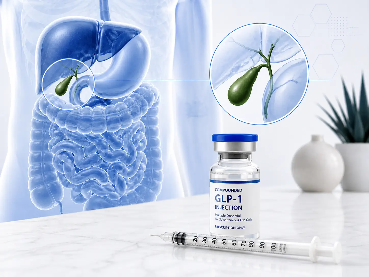 Medical illustration of a GLP-1 injection vial and syringe beside a highlighted digestive tract, with a zoomed-in view of the gallbladder and bile ducts.