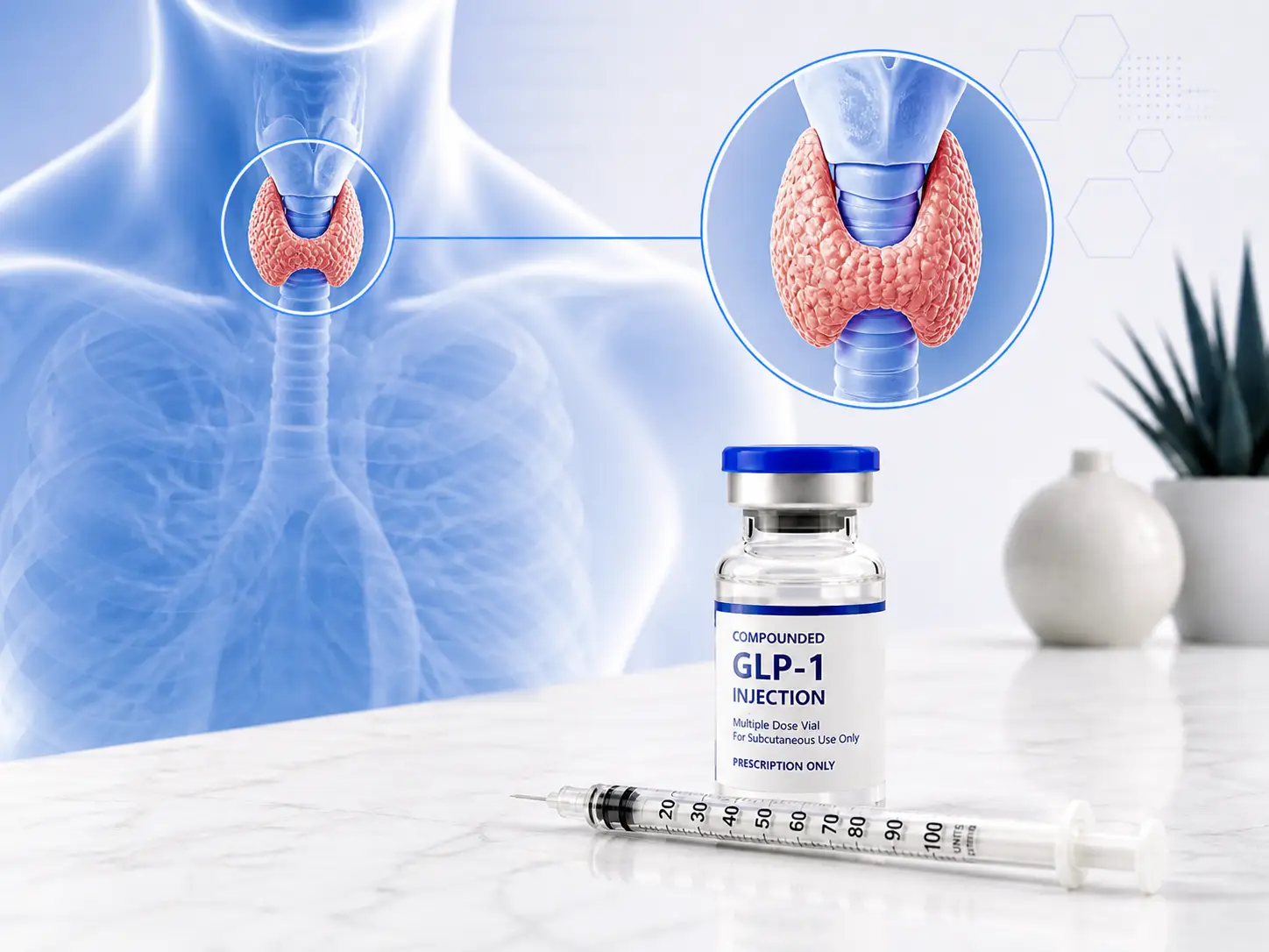 Medical illustration showing a GLP-1 injection vial and syringe in the foreground with a blue-toned diagram of the thyroid in the background.