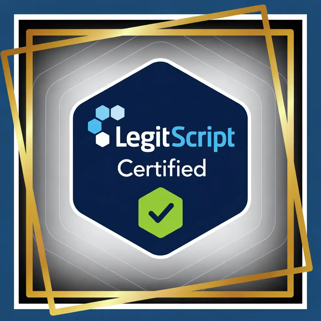 LegitScript Certified badge with gold frame