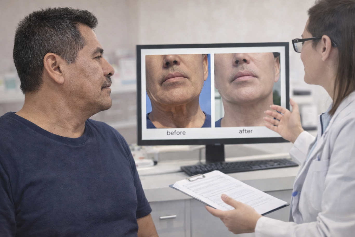 Clinician explaining facial volume changes during weight loss using a facial diagram