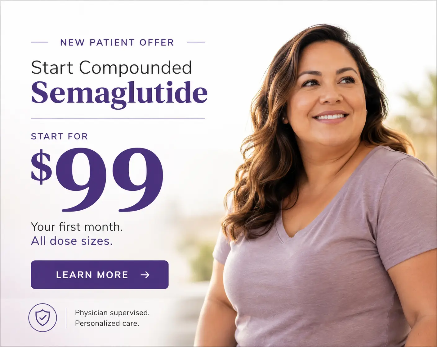 New patient offer: Start compounded Semaglutide for $99. Smiling woman on the right.