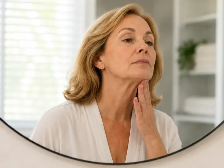 Woman in a white robe gazes at her reflection in a round mirror, touching her jawline thoughtfully in a bright bathroom.Thinking about skincare or grooming.