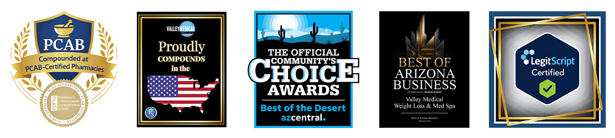 Row of five award logos: PCAB Certified Pharmacies, Proudly Compounds in the USA, azcentral Best of the Desert Choice Awards, Best of Arizona Business, and LegitScript Certified.