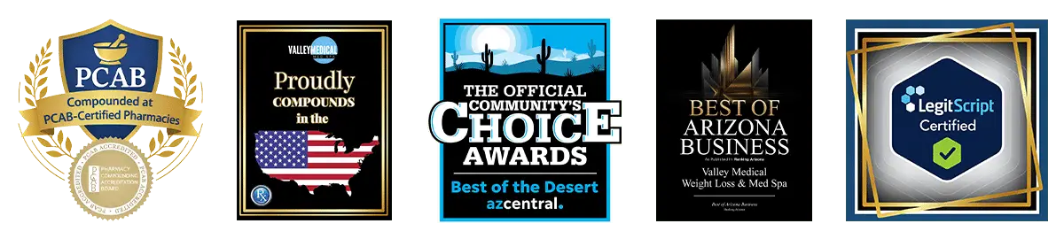 Row of five award logos: PCAB Certified Pharmacies, Proudly Compounds in the USA, azcentral Best of the Desert Choice Awards, Best of Arizona Business, and LegitScript Certified.