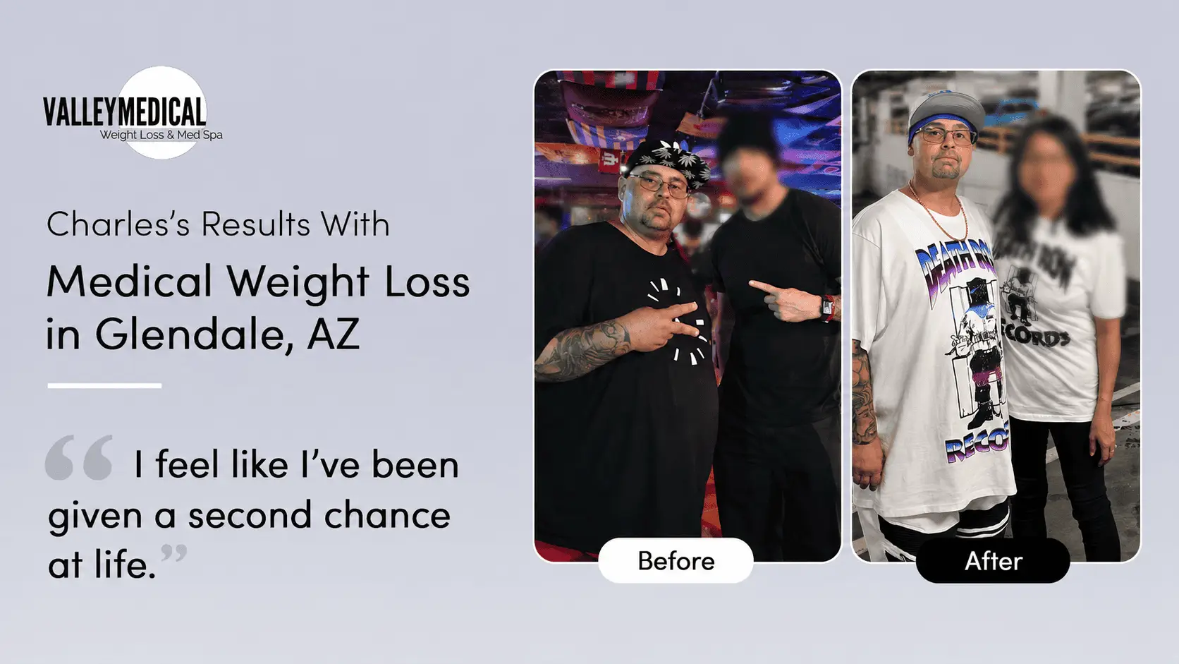 Banner for Charles's medical weight loss results in Glendale, AZ, with before and after photos and a testimonial quote.