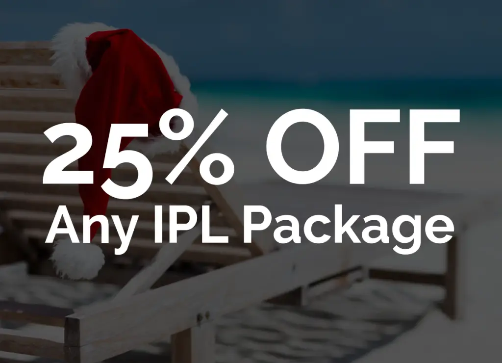 Promotional banner: 25% off any IPL package on a beach with a Santa hat in the foreground.