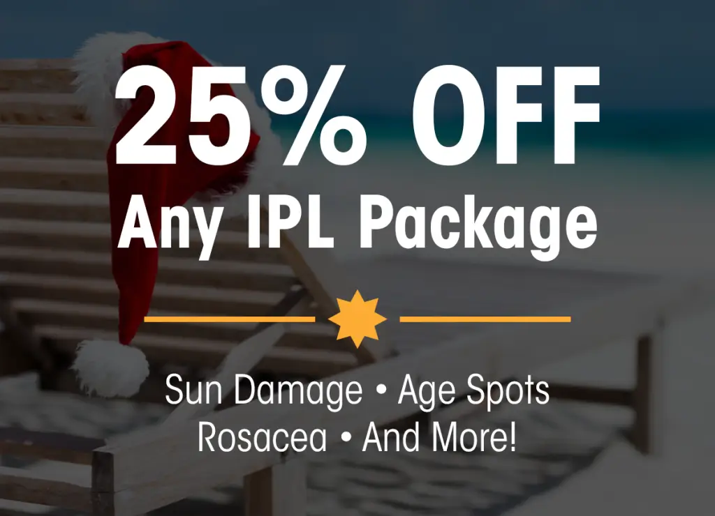 Promotional banner: 25% OFF Any IPL Package on a sunny beach with a Santa hat, listing sun damage, age spots, and rosacea.