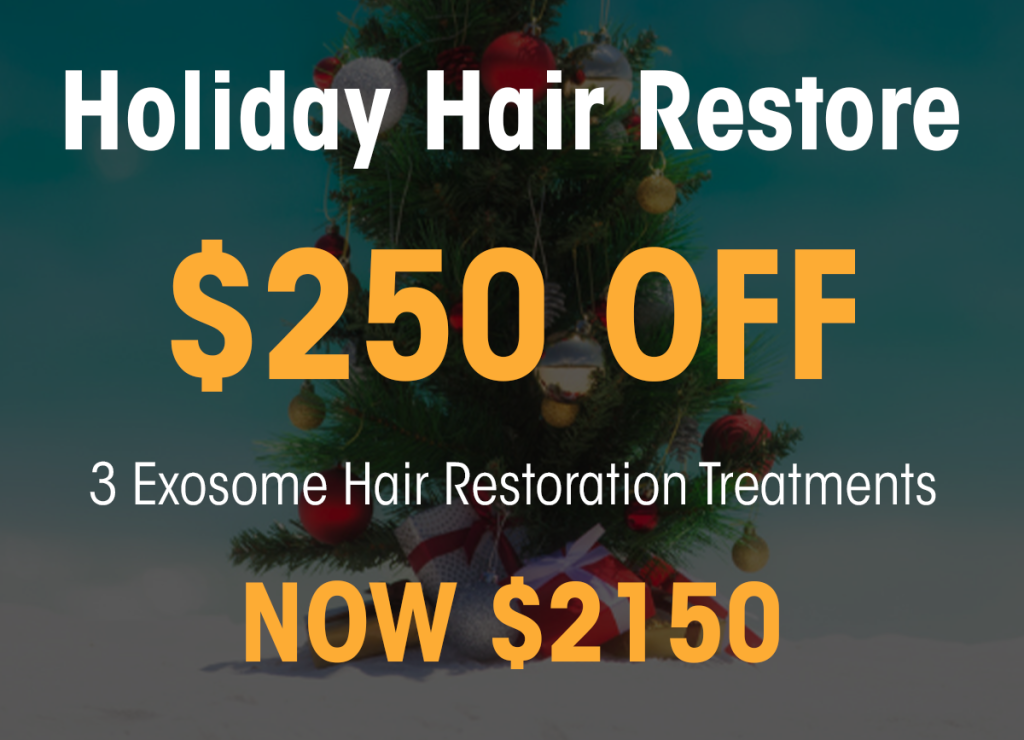 Promotional banner for Holiday Hair Restore with large orange text: 0 OFF and NOW 0, over a Christmas tree background.