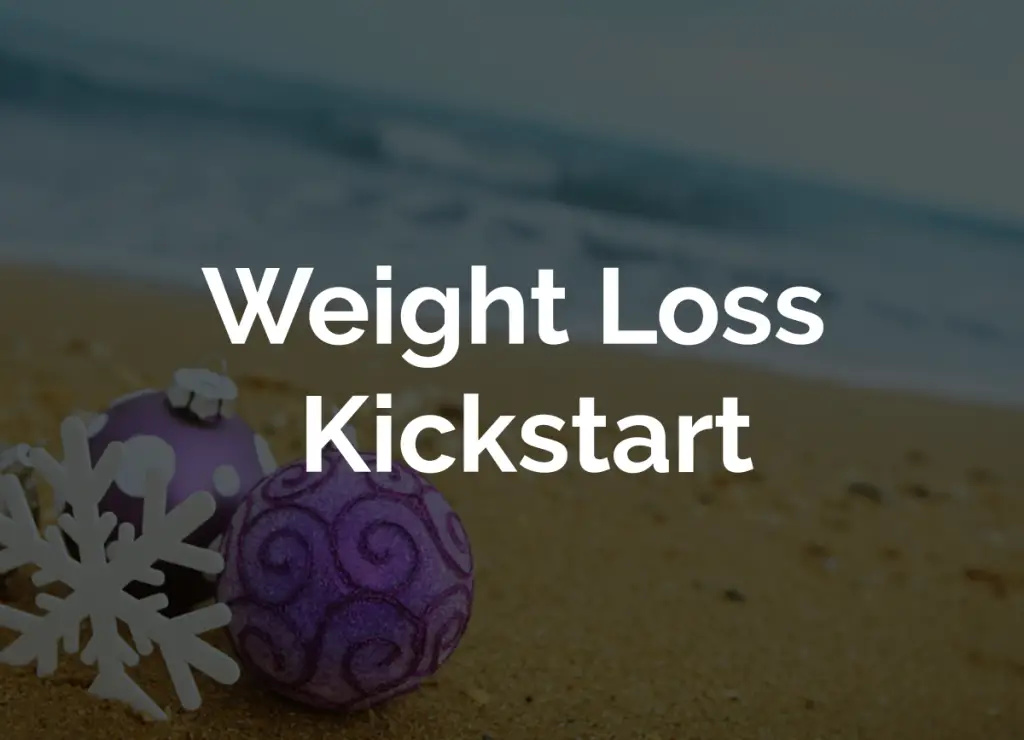 Banner promoting a weight loss program with the text 'Weight Loss Kickstart' over a beach scene with decorative ornaments in the foreground.