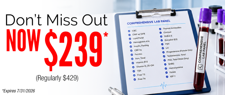 Promotional banner: 'Don't Miss Out' with 'NOW 9' for a comprehensive lab panel, expires 7/31/2026, beside a tablet checklist and blood test tubes.