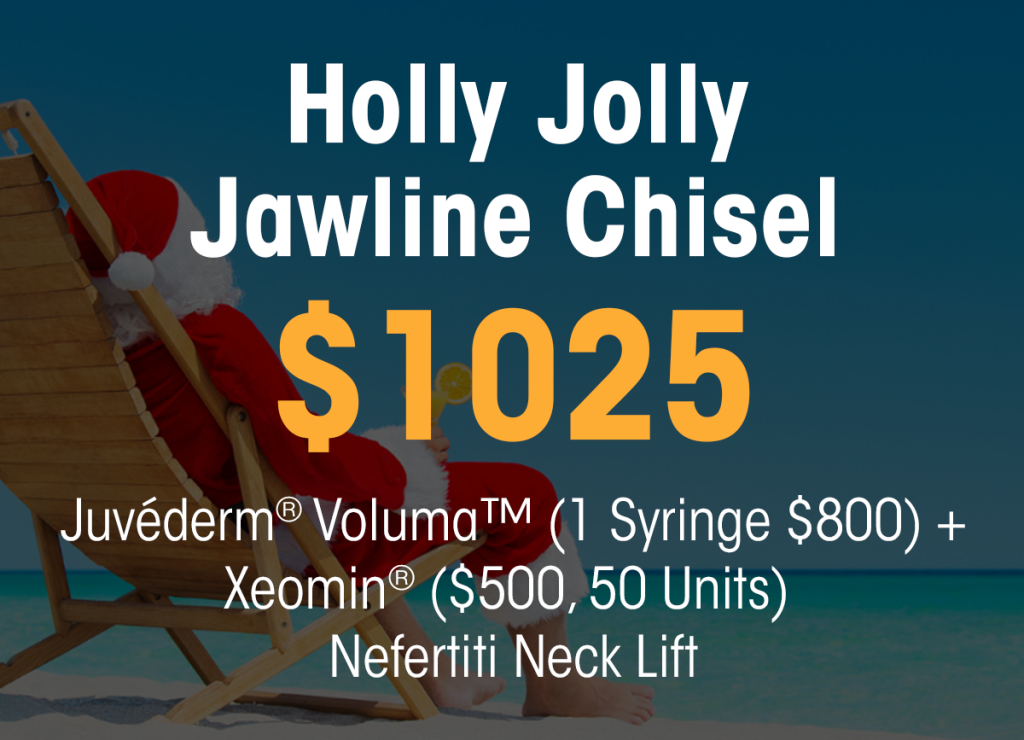 Holiday promo banner for a Jawline Chisel package: 25, on a sunny beach with Santa hat in a lounge chair.