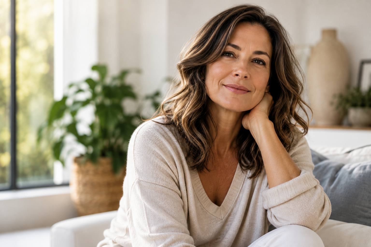 Smiling woman with wavy brown hair in a beige sweater sits on a sofa at home, resting her chin on her hand.